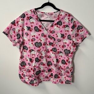 '13 HELLO KITTY women's pink black graphic 2-pocket scrub top, XL.